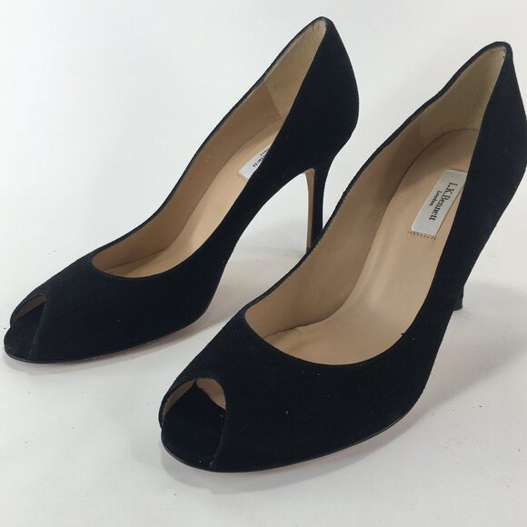 L.K. Bennett Black Suede Peep Toe Heels Size 39.5 - Picture 4 of 10